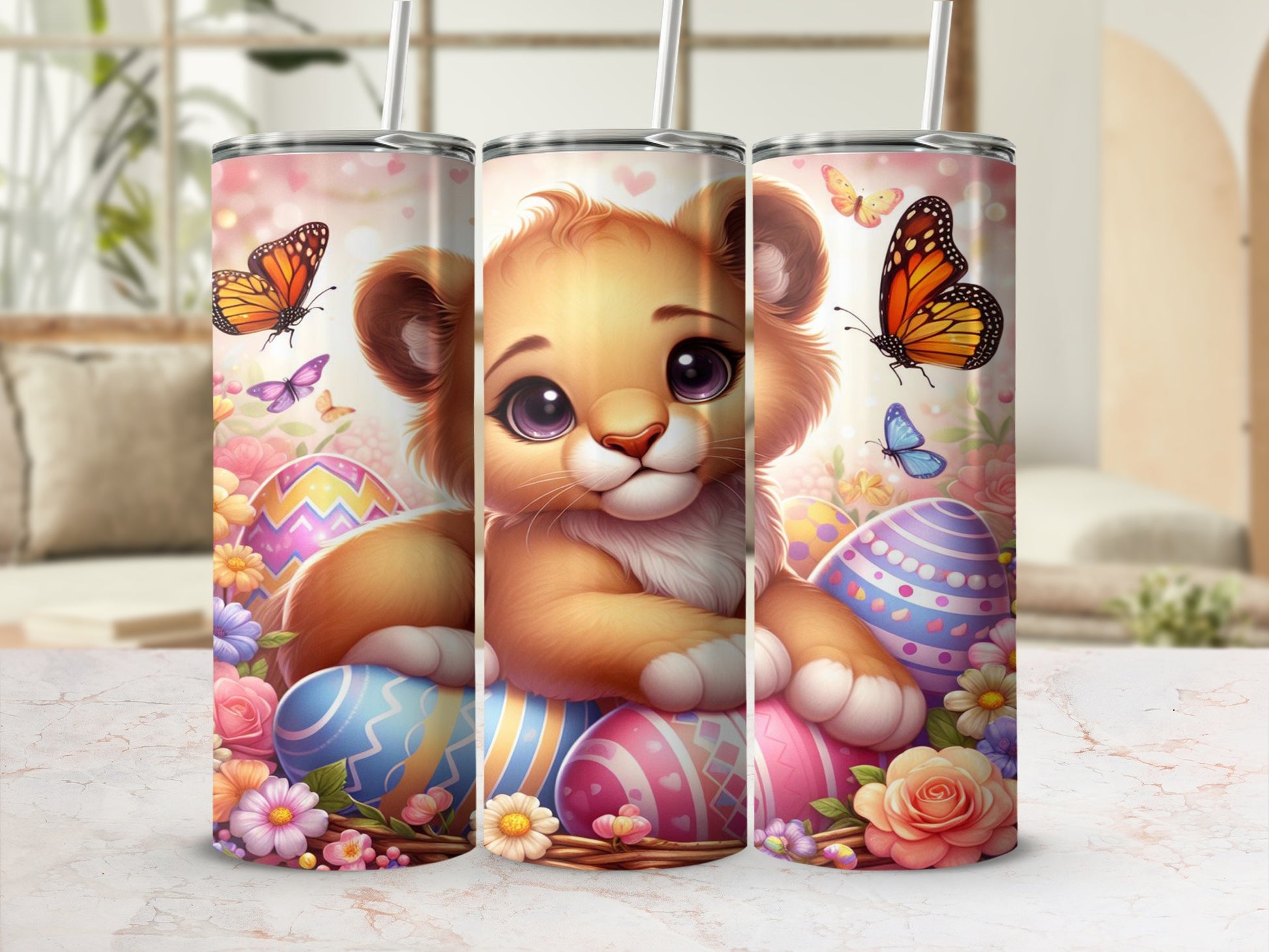 Cute lion cub with colorful Easter eggs and butterflies.