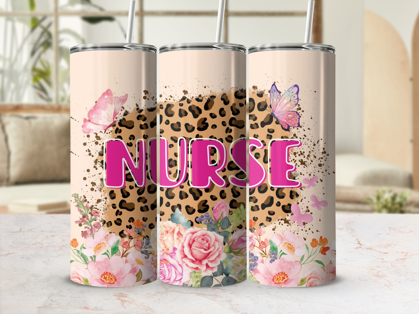 Tall tumbler with "NURSE" text and floral, leopard, and butterfly designs.