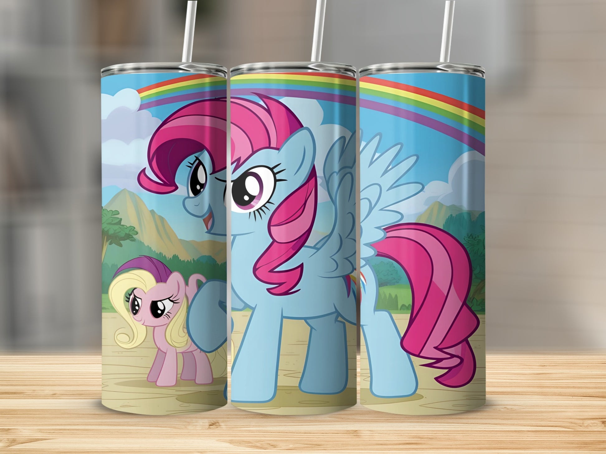 Blue Pegasus pony with pink mane and wings, and small pink pony.