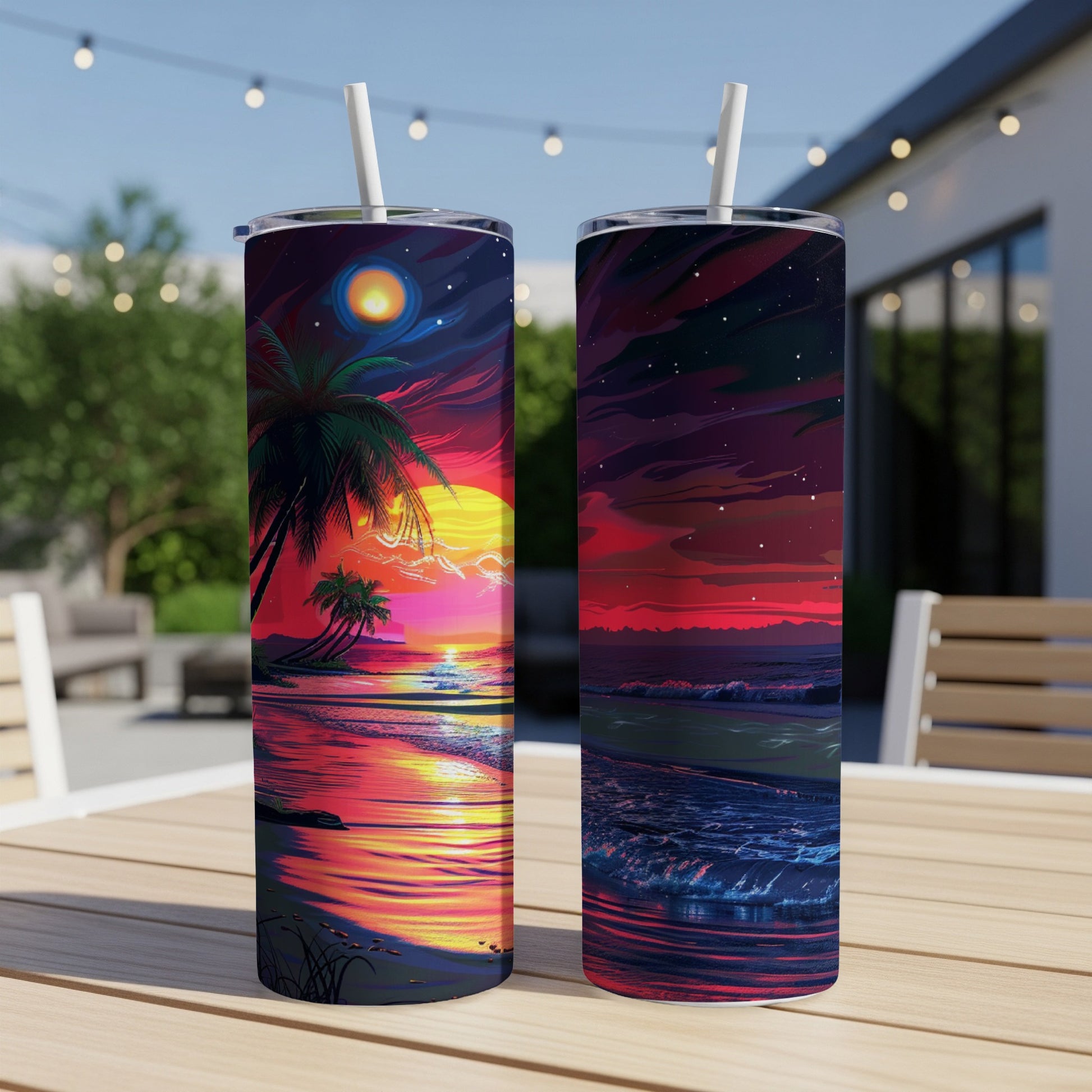 Two tumblers with vibrant sunset beach scenes, one with palm trees and moon, the other with starry sky.