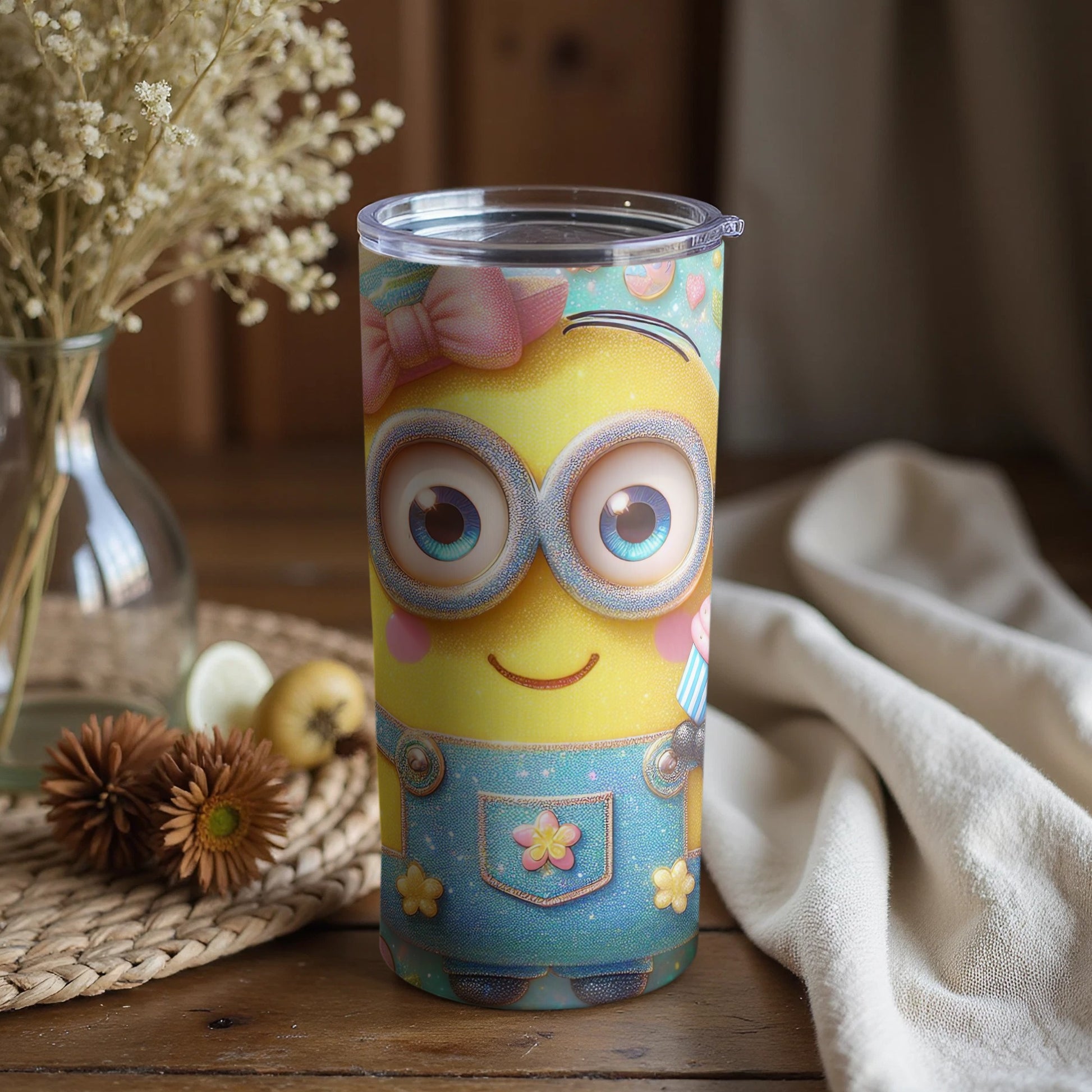 Cute Yellow Character Tumbler with Bow and Overalls