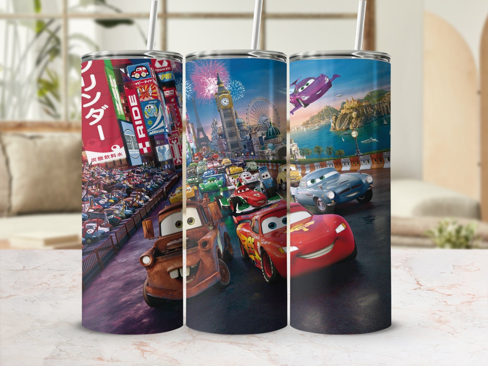 Animated Cars Racing Scene Colorful Tumbler Cup