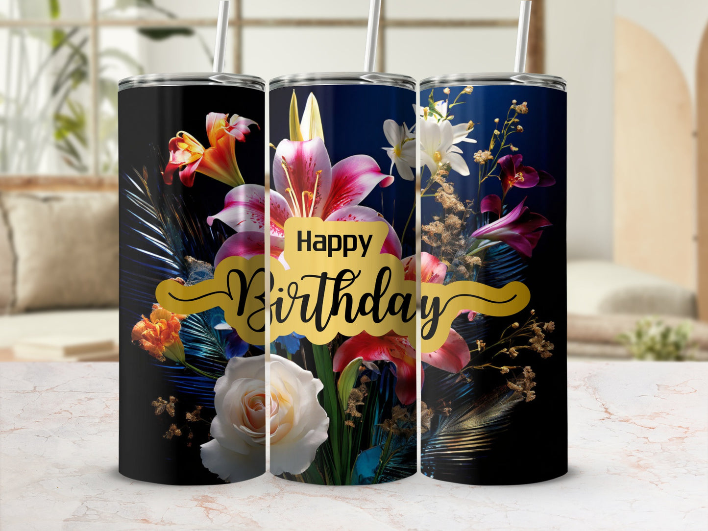 Floral Happy Birthday tumbler with lilies and roses against a dark background.
