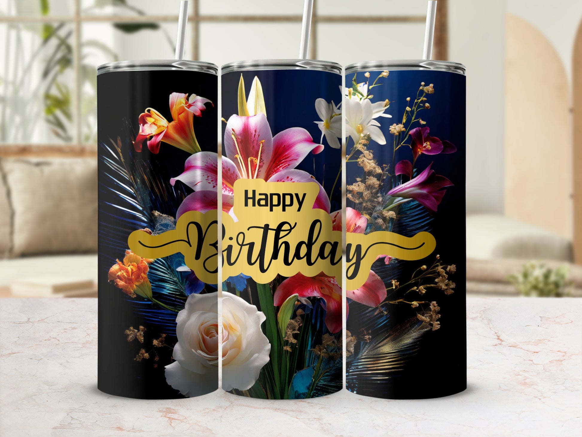 Floral Happy Birthday tumbler with lilies and roses against a dark background.