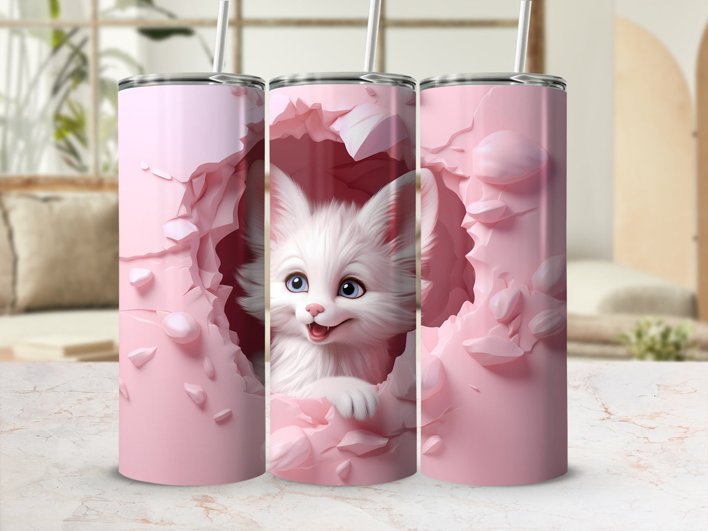 Cute White Kitten Design Pink Tumbler Drink Container