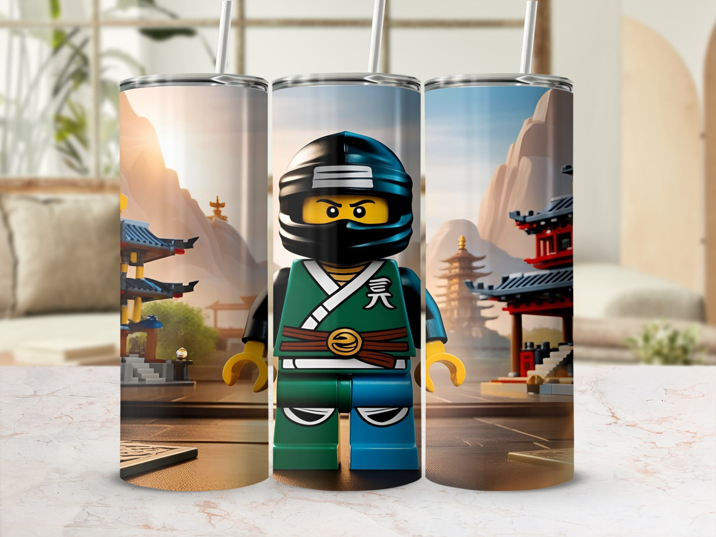 Ninjago character tumbler cup with Japanese-inspired background.