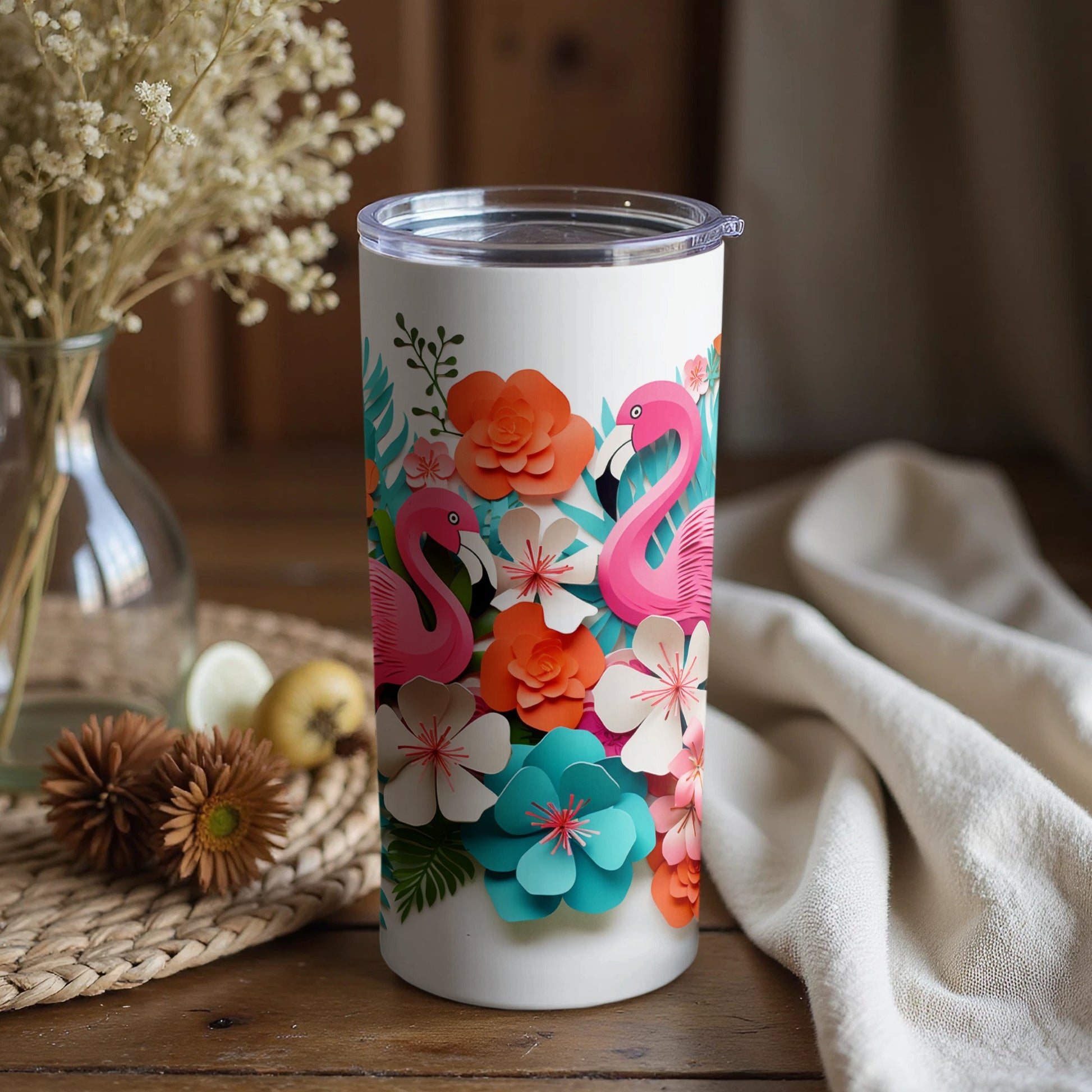 Tropical Flamingo and Floral Design Tumbler