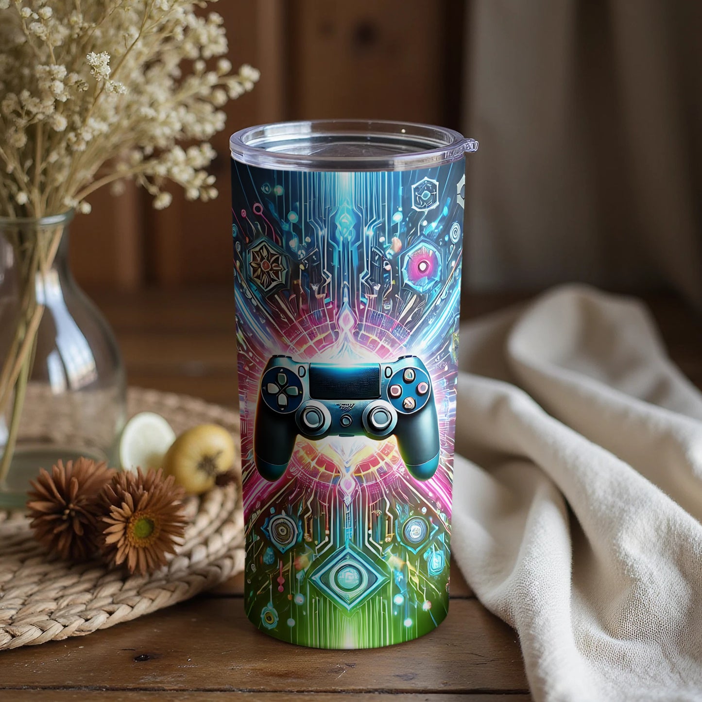 Colorful Gaming Controller with Digital Art Tumbler