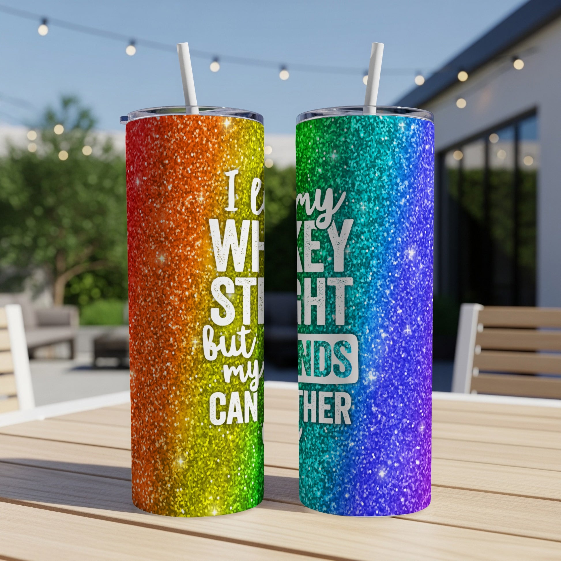 Two tumblers with rainbow glitter and "I love whiskey straight but my dog understands" text.