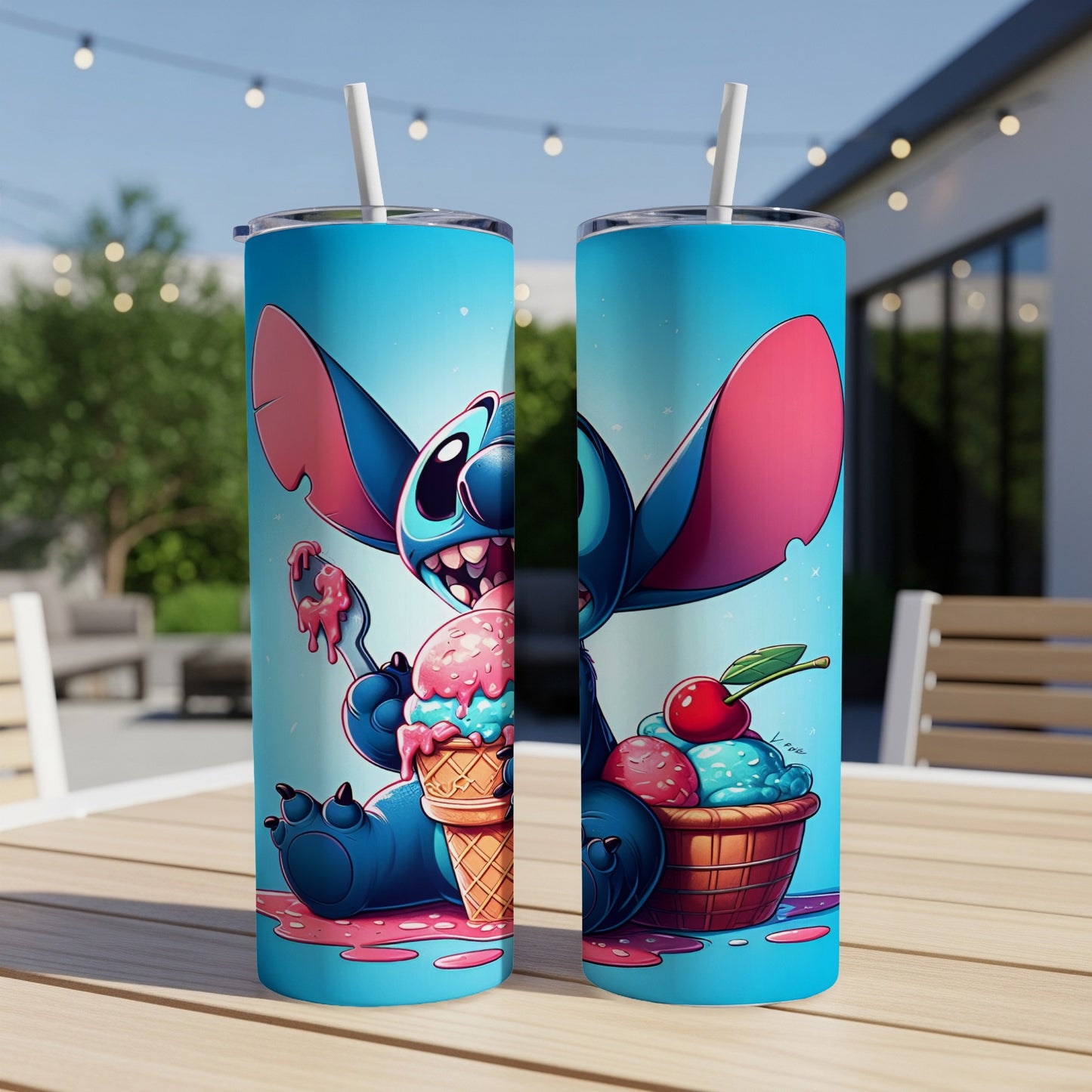 Stitch holding an ice cream cone with cherry on top.