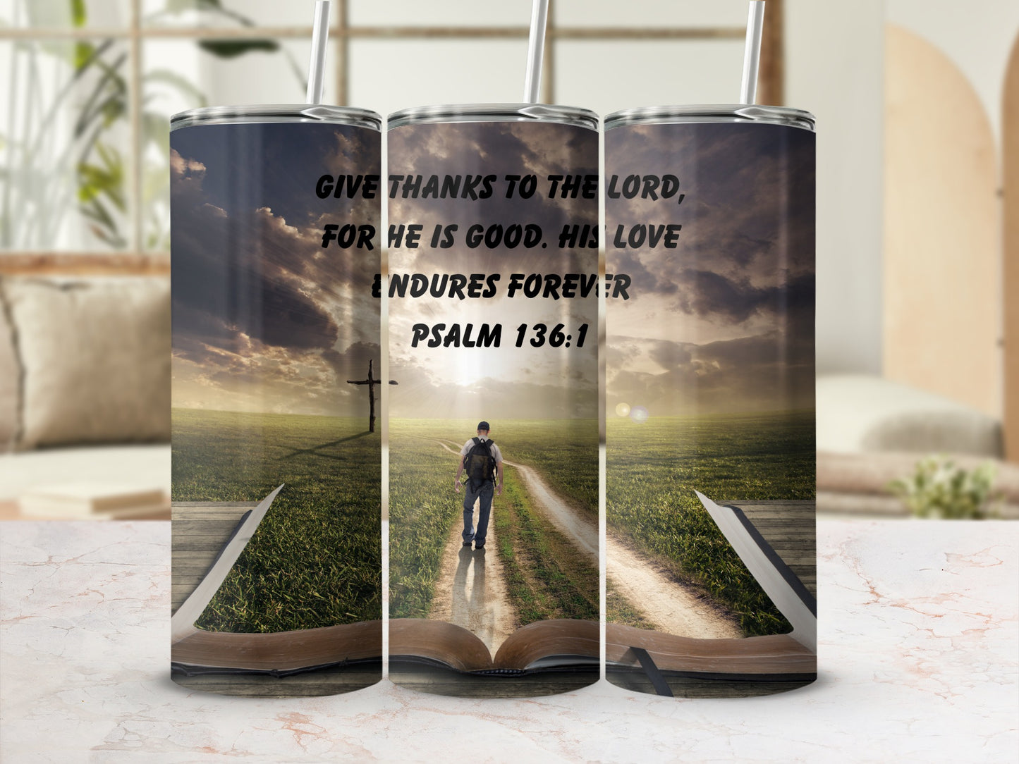 Inspirational Psalm 136:1 Scenic Tumbler