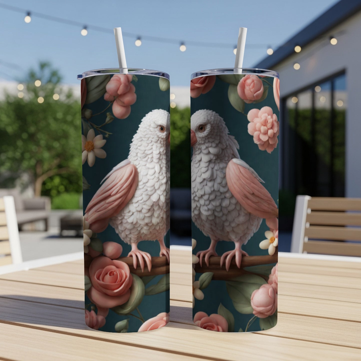 Two white cockatiels perched on a branch with pink roses and green foliage.