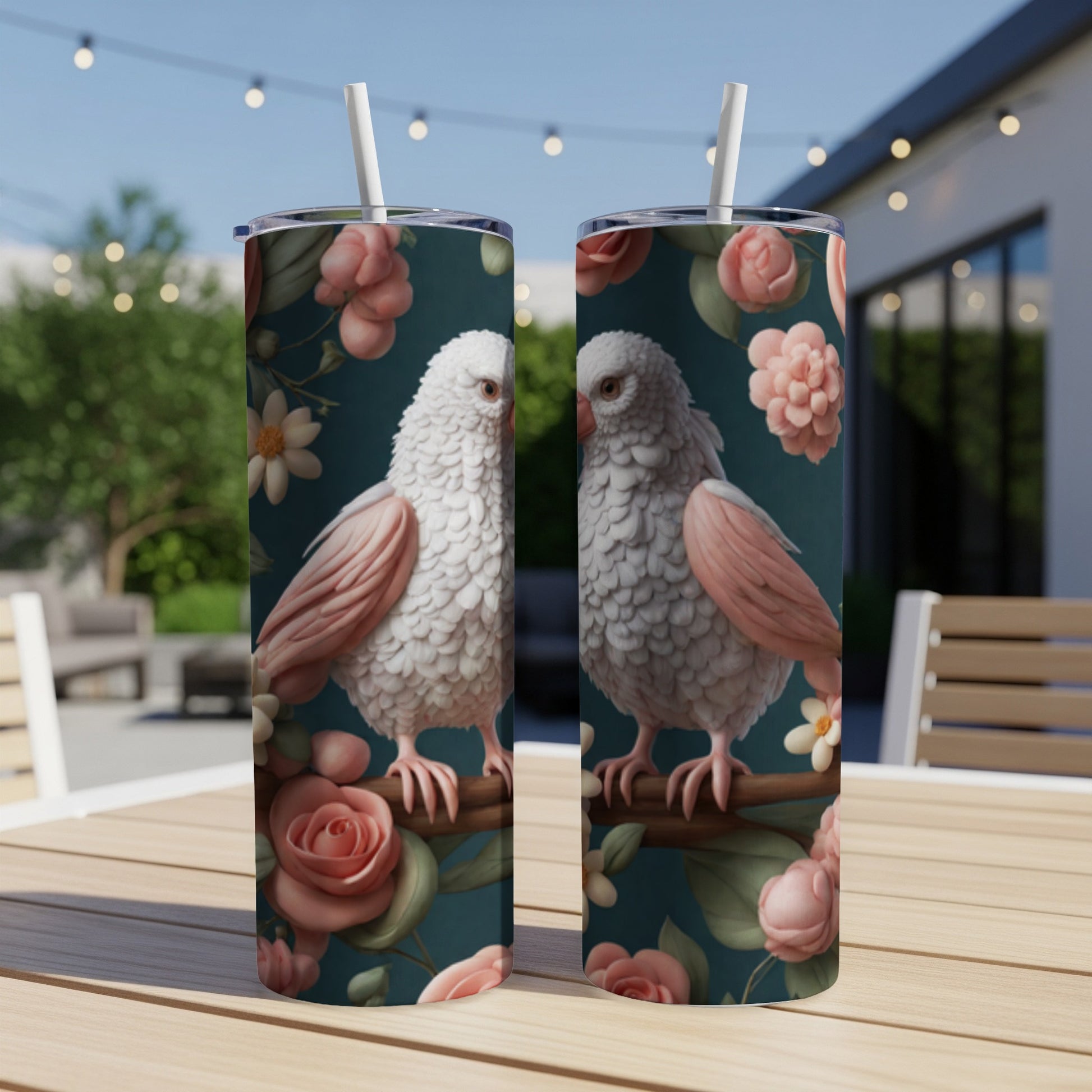 Two white cockatiels perched on a branch with pink roses and green foliage.