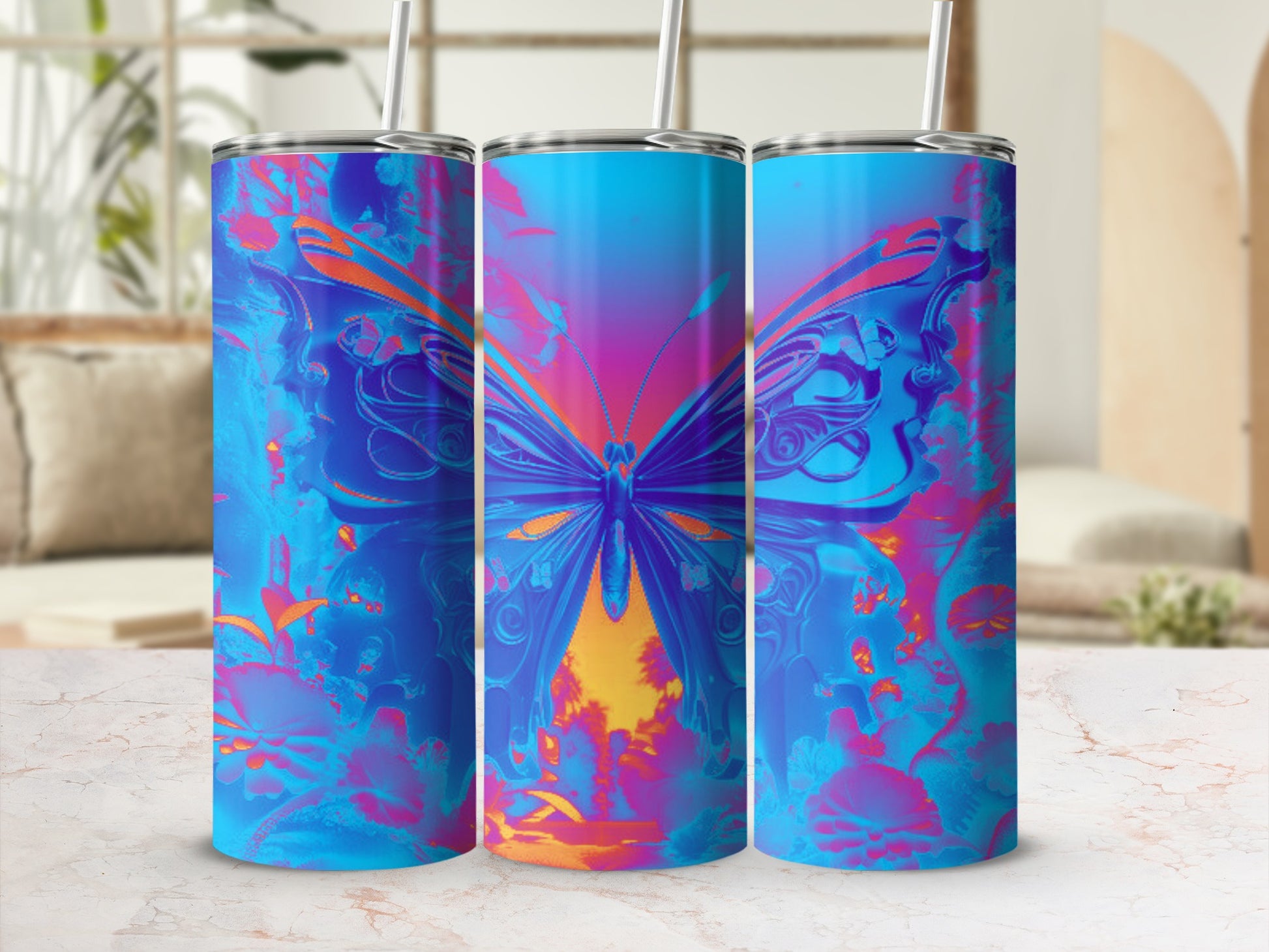Triptych of tumblers featuring a vibrant butterfly design with blue, purple, and orange gradient.