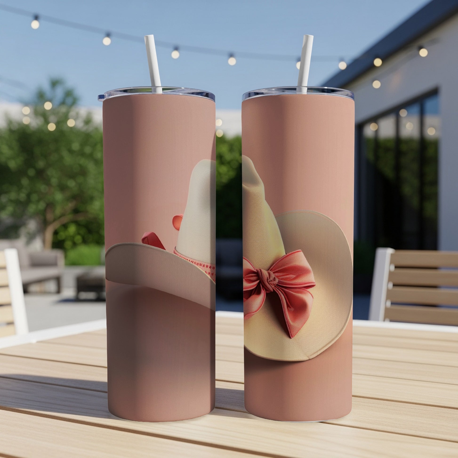 Two pink tumblers with cowboy hat design, displayed outdoors.