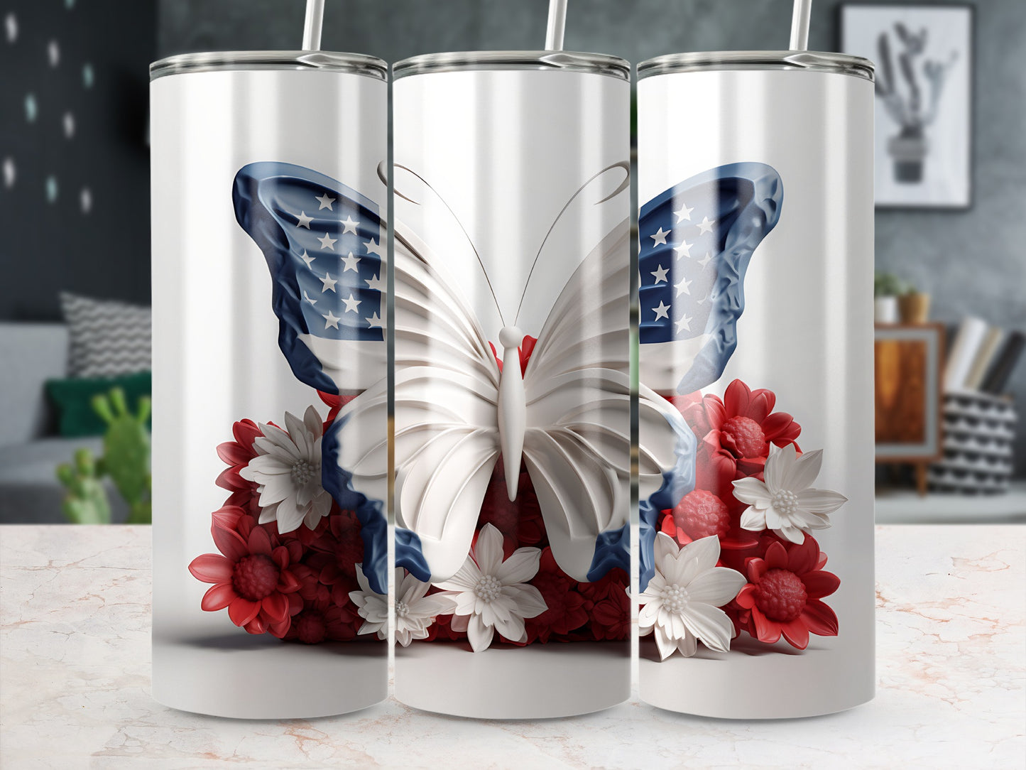 Butterfly with American flag wings perched on red and white flowers.