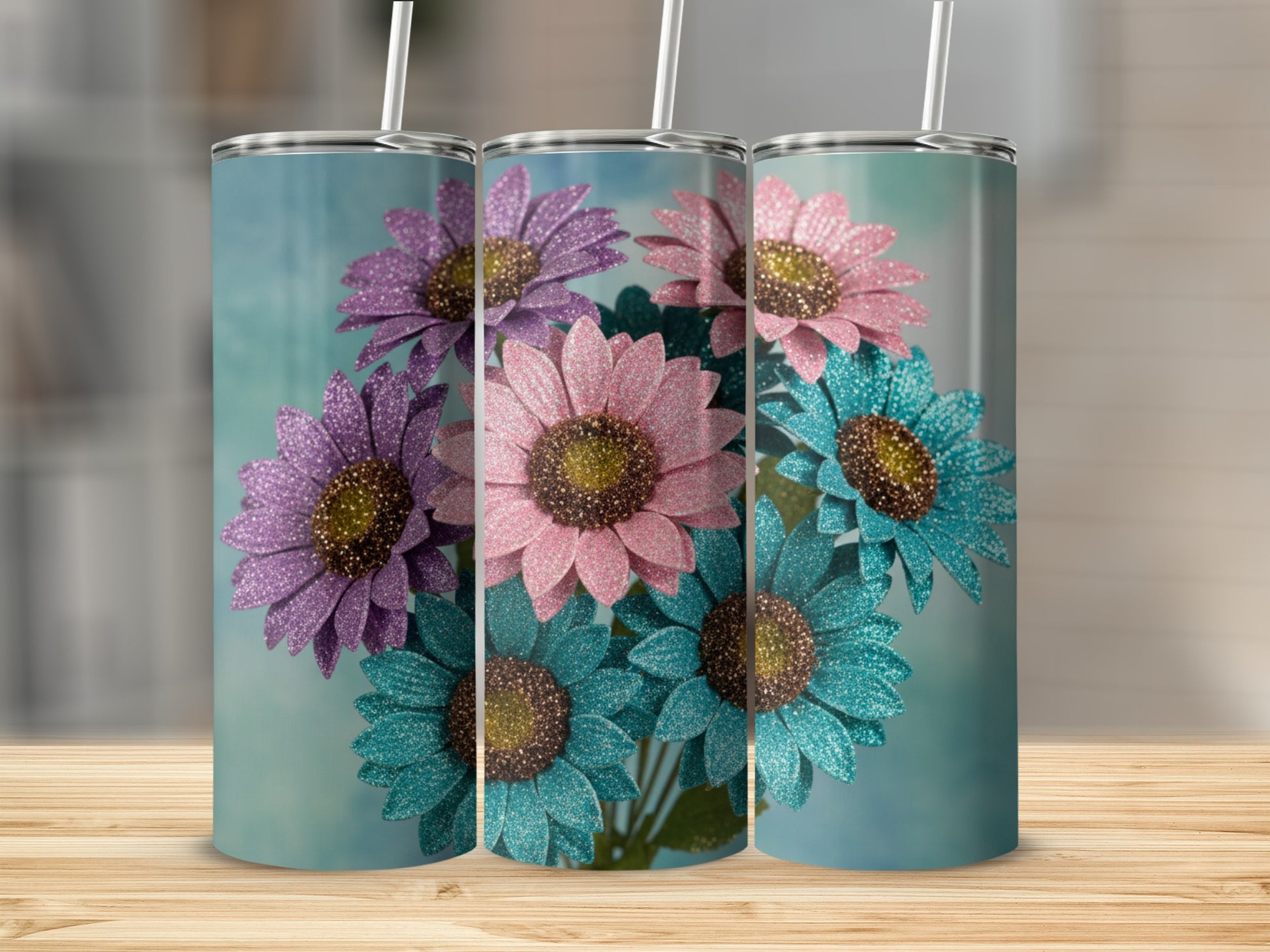 Glittery Sunflower Design Insulated Tumbler