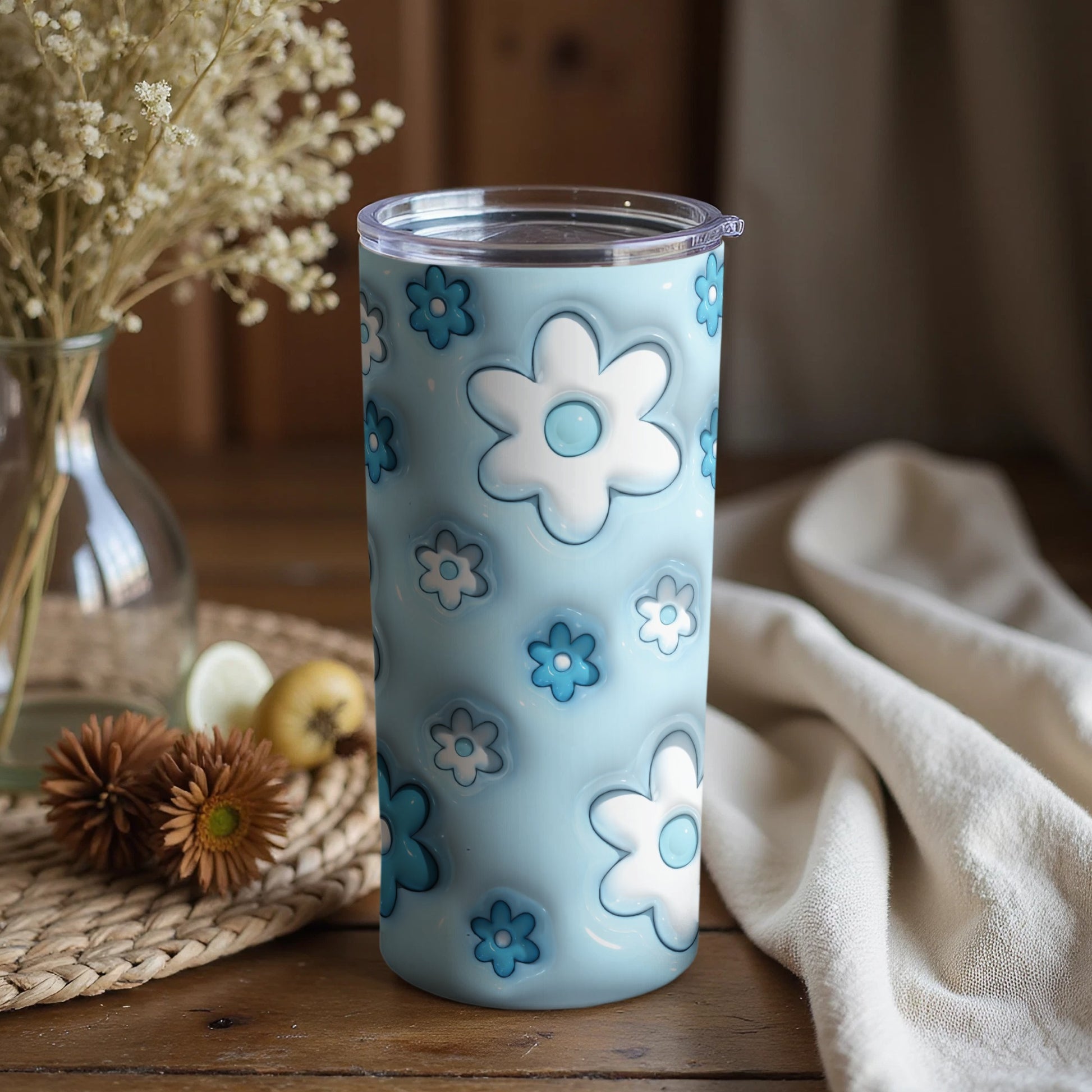 Floral Pattern Light Blue Insulated Tumbler Cup