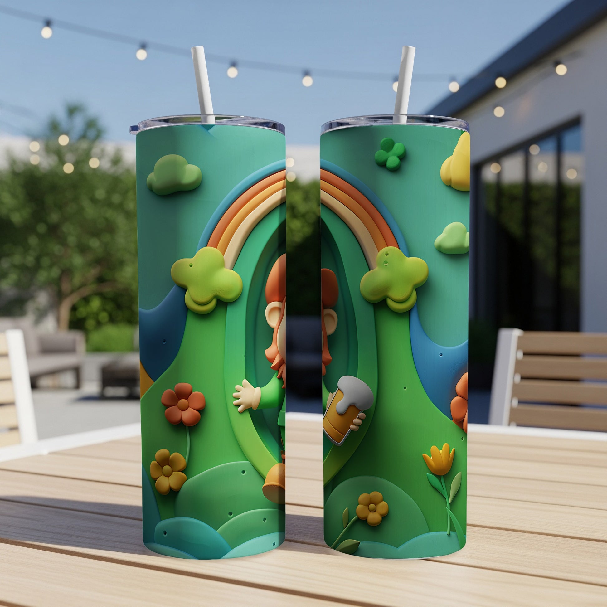 Leprechaun with rainbow and beer mug on St. Patrick's Day themed tumbler.