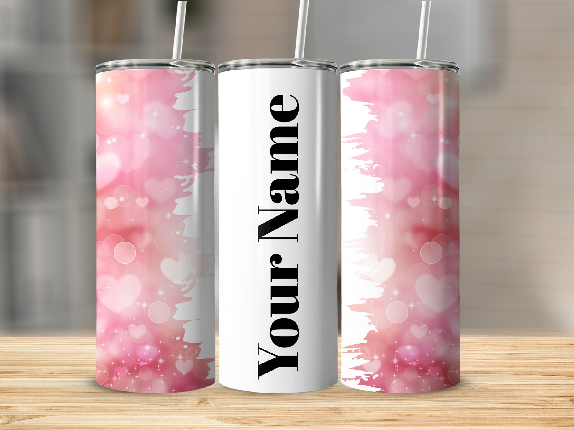 Personalized Pink Hearts Custom Name Tumbler Example