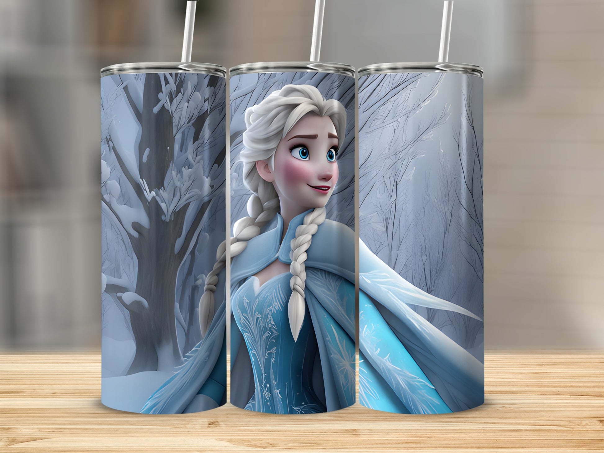 Elsa from Frozen with braided hair and blue gown in snowy forest scene.