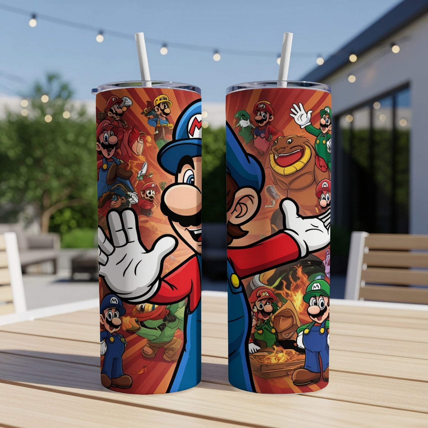 Mario characters on a red and blue tumbler with a straw.