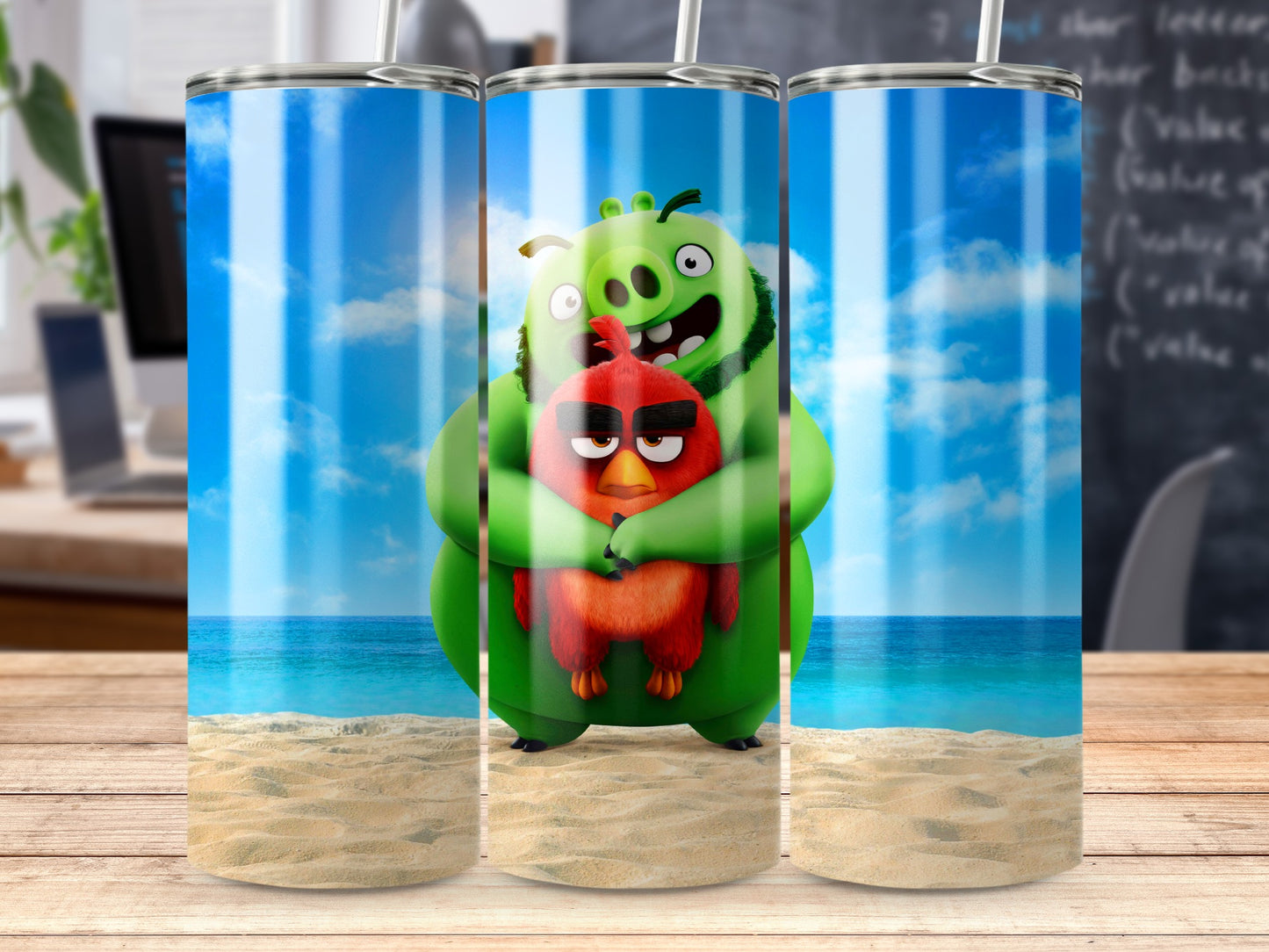 Angry Birds Red Bird Hugged by a Pig on the Beach Tumblers