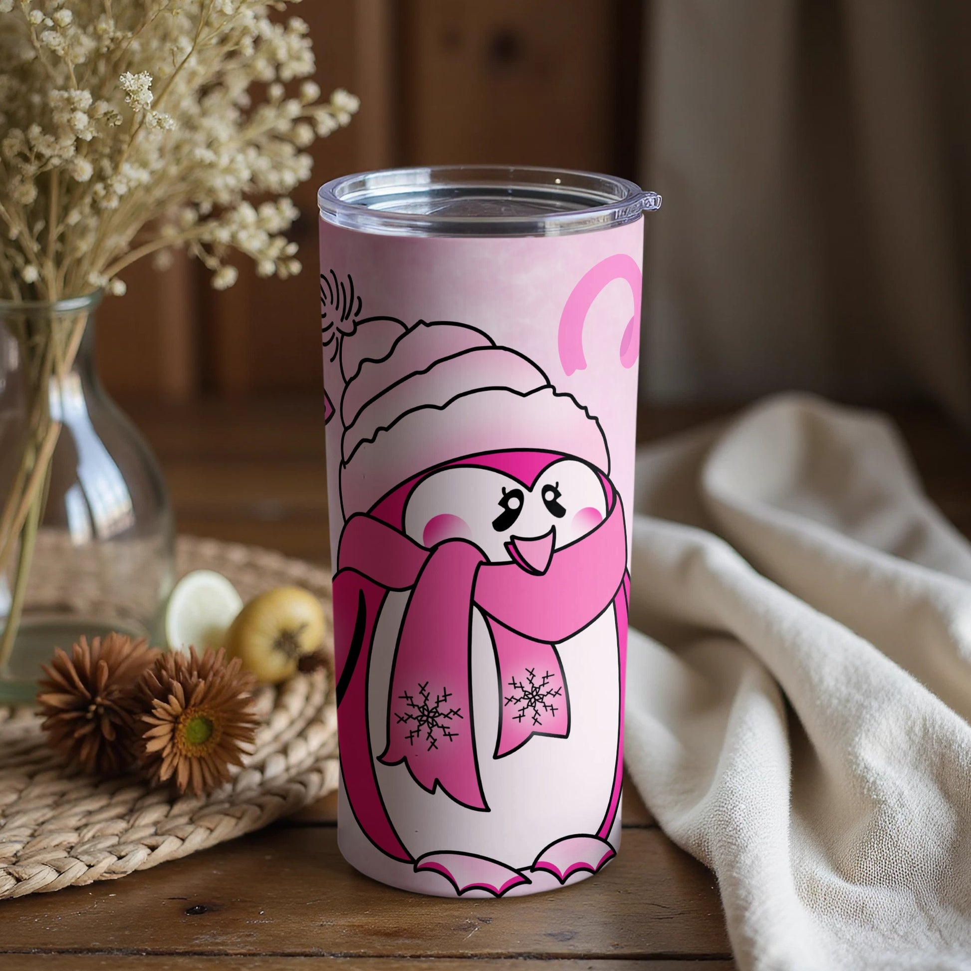 Cute Pink Penguin Winter Tumbler Holiday Gift Item