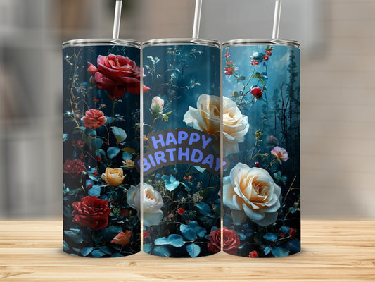 Tumblers with roses and "Happy Birthday" text.
