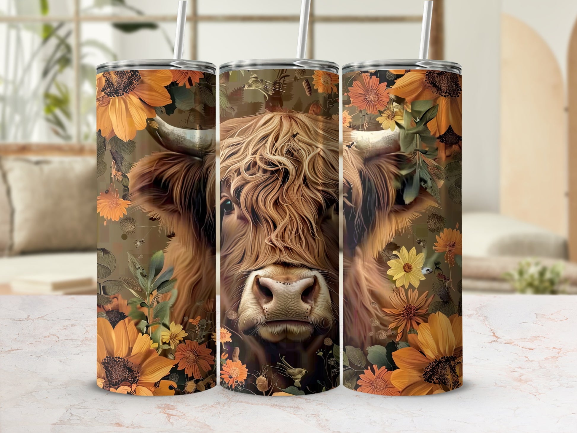 Highland cow with sunflowers and floral accents on a tumbler.