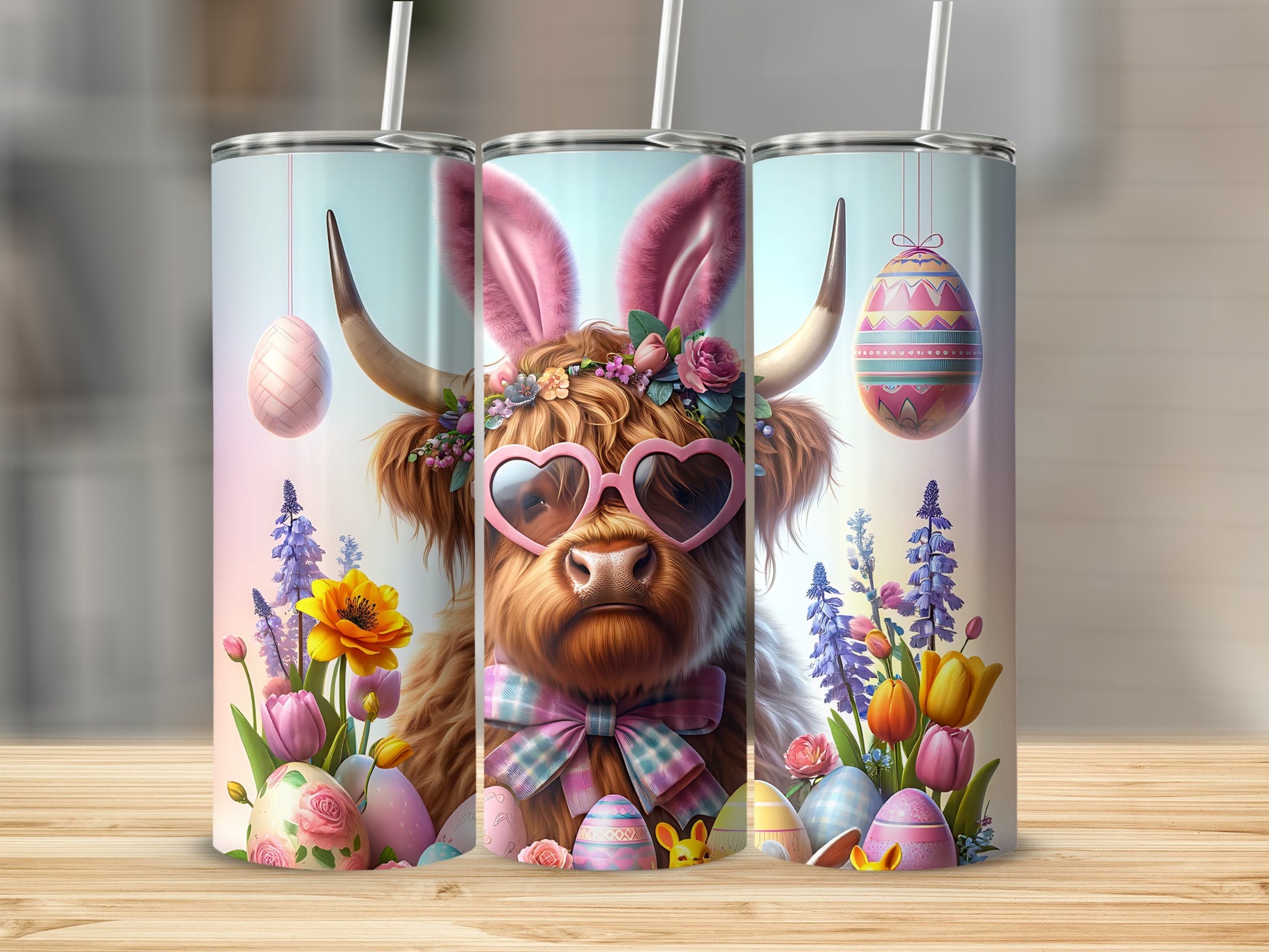 Easter highland cow with heart sunglasses and pink bunny ears, surrounded by Easter eggs and flowers.