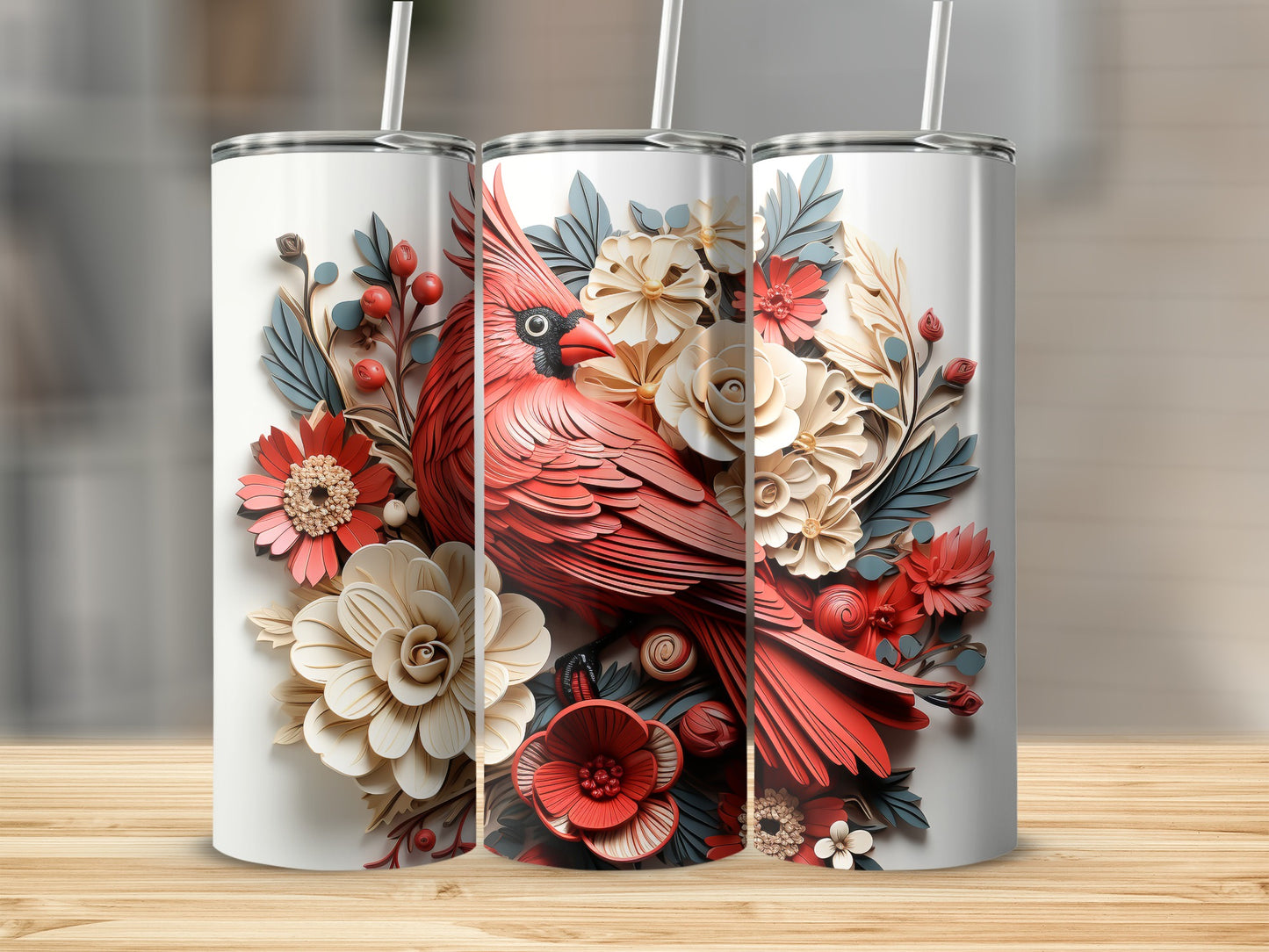 Three white tumblers with red cardinals and floral designs.