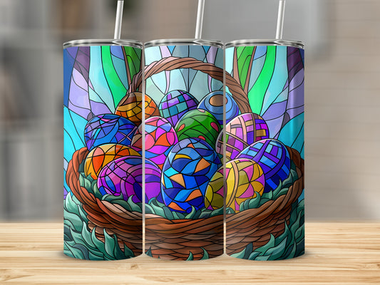Easter basket full of colorful, stained-glass patterned eggs.
