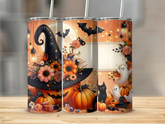 Halloween tumblers with pumpkins, witch hat, black cat, ghosts, bats, and floral accents.