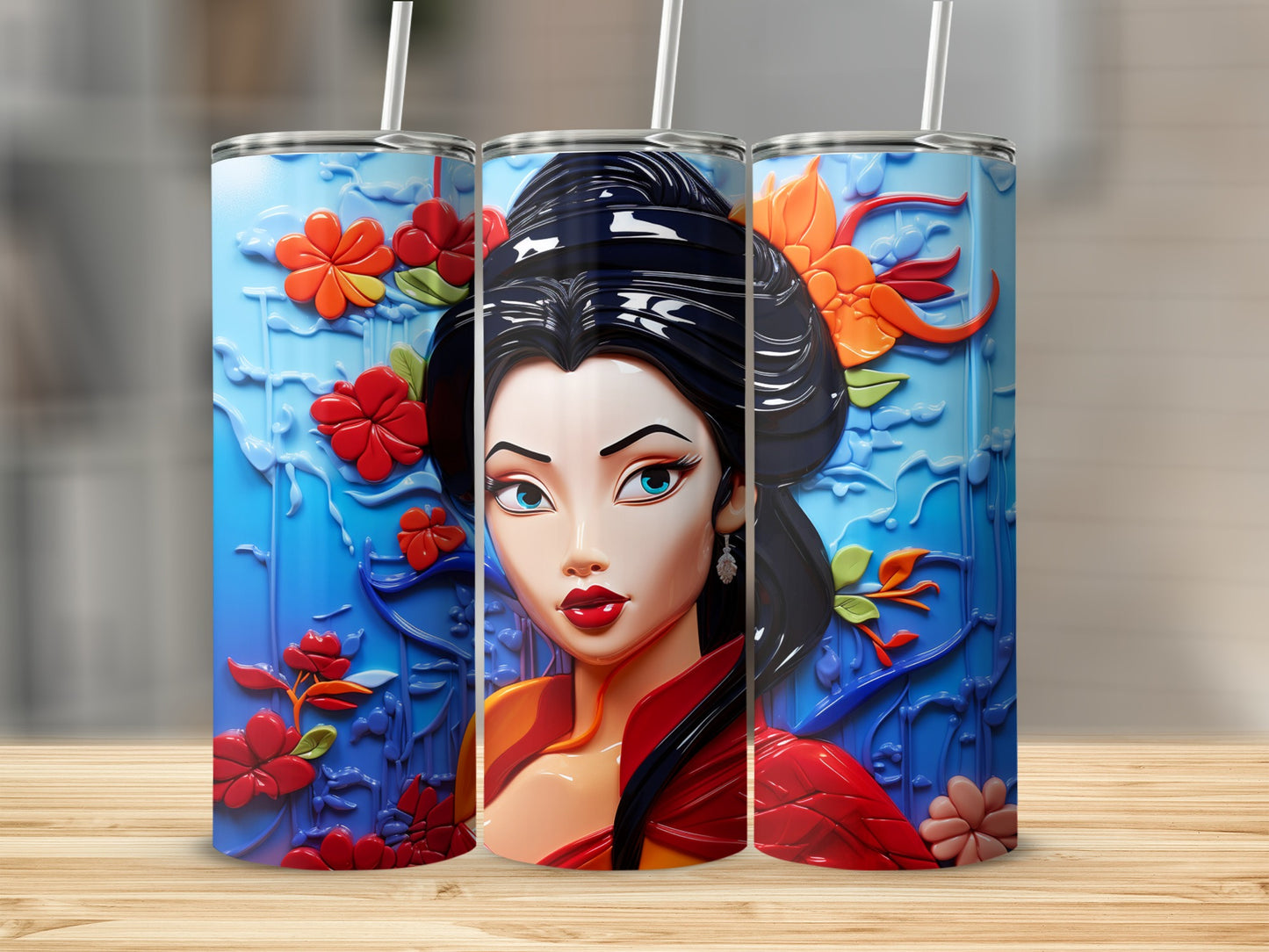 Beautiful Woman Floral Design Stainless Steel Tumbler