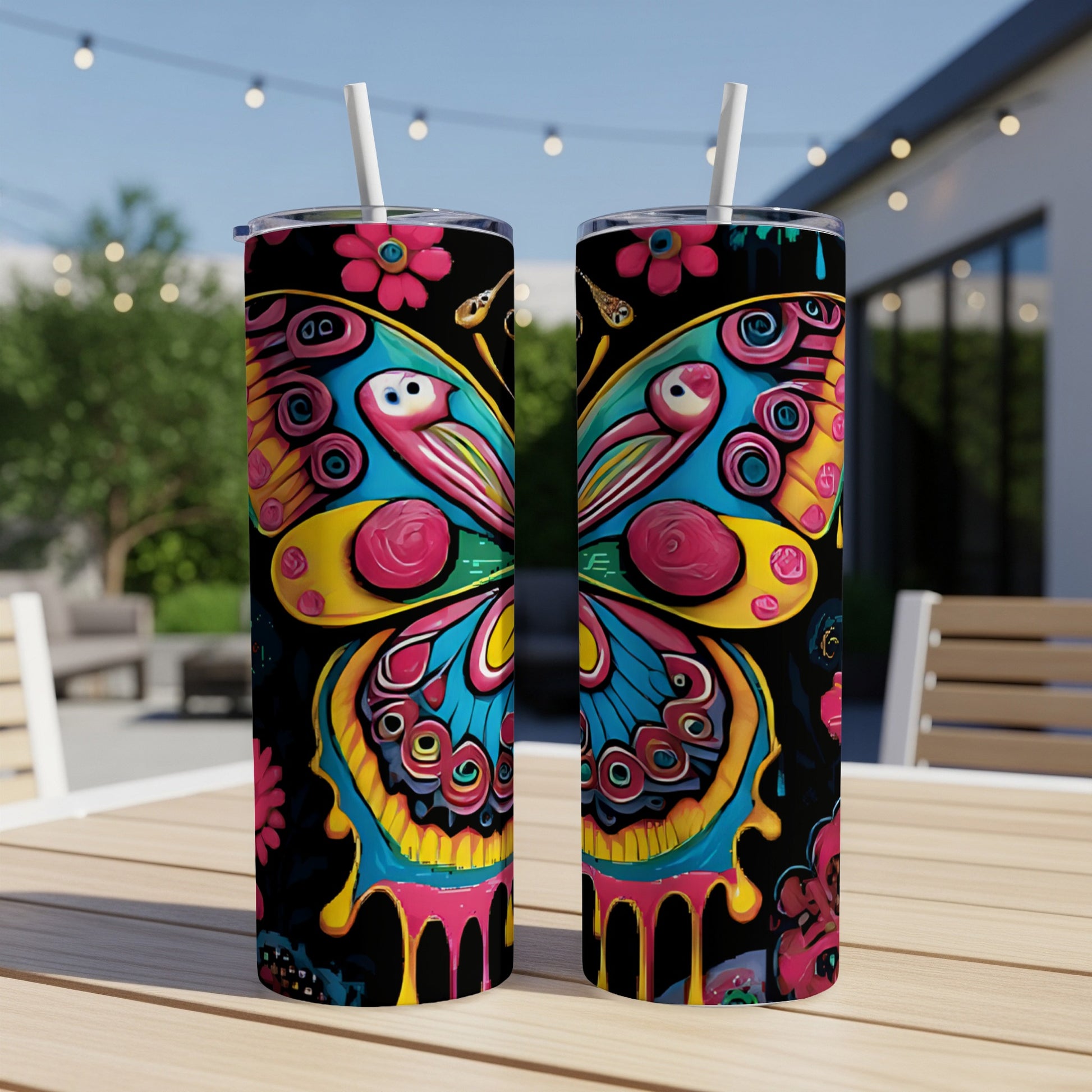 Two tall tumblers with a vibrant, colorful butterfly design.