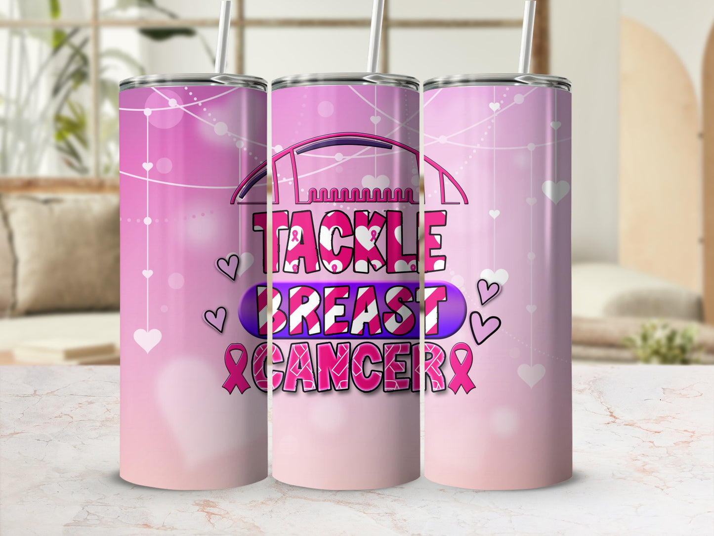 Pink tumbler with "Tackle Breast Cancer" text and ribbons.