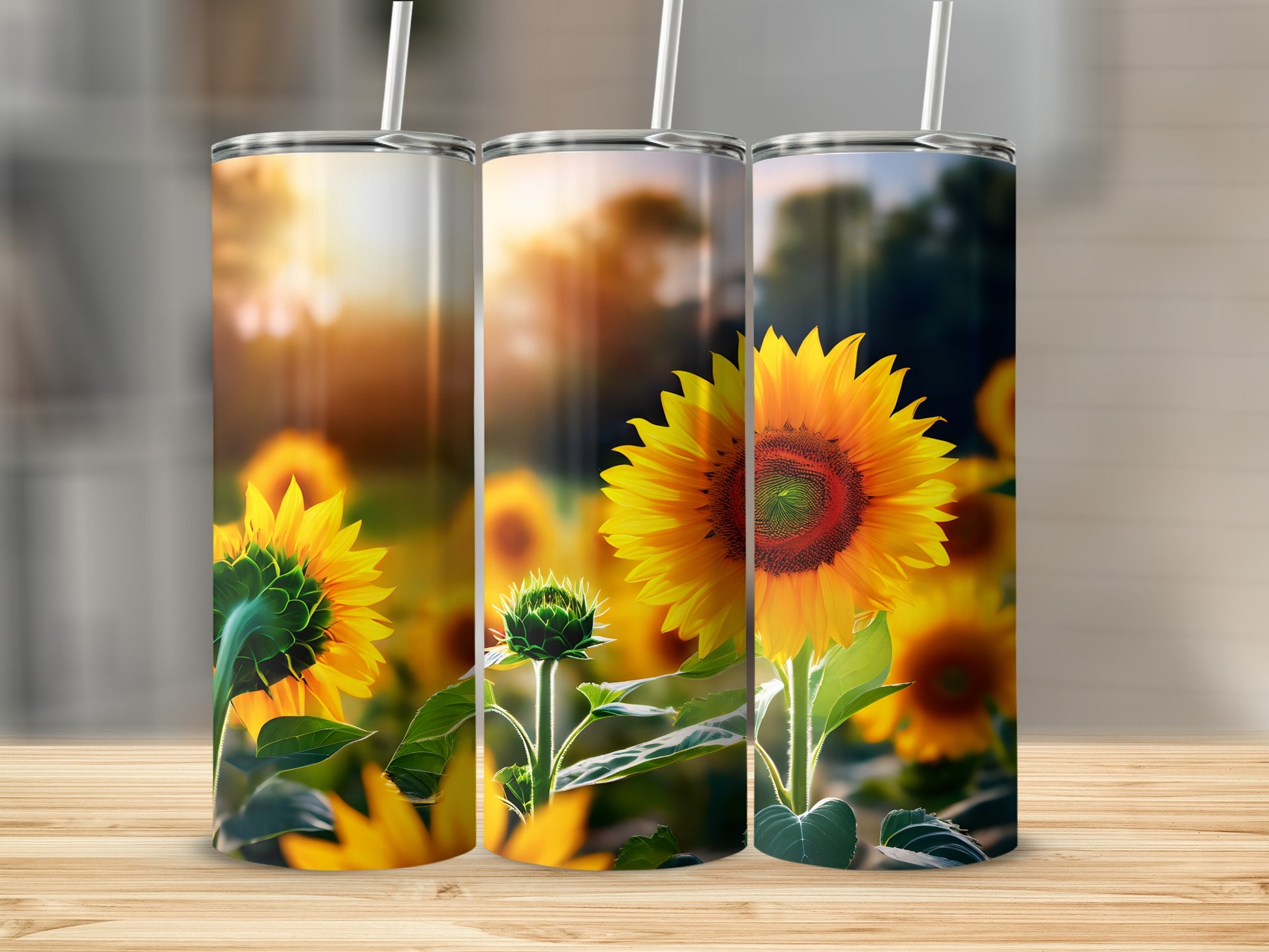 Three tumblers featuring a close-up of a sunflower under warm sunlight.