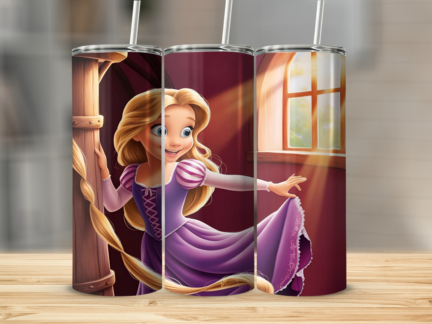 Rapunzel in a purple dress with long blonde hair in a sunlit room.