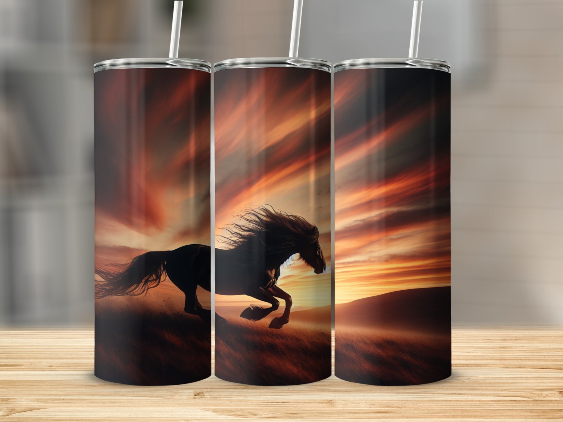 Black horse running through fiery sunset on three tumblers.