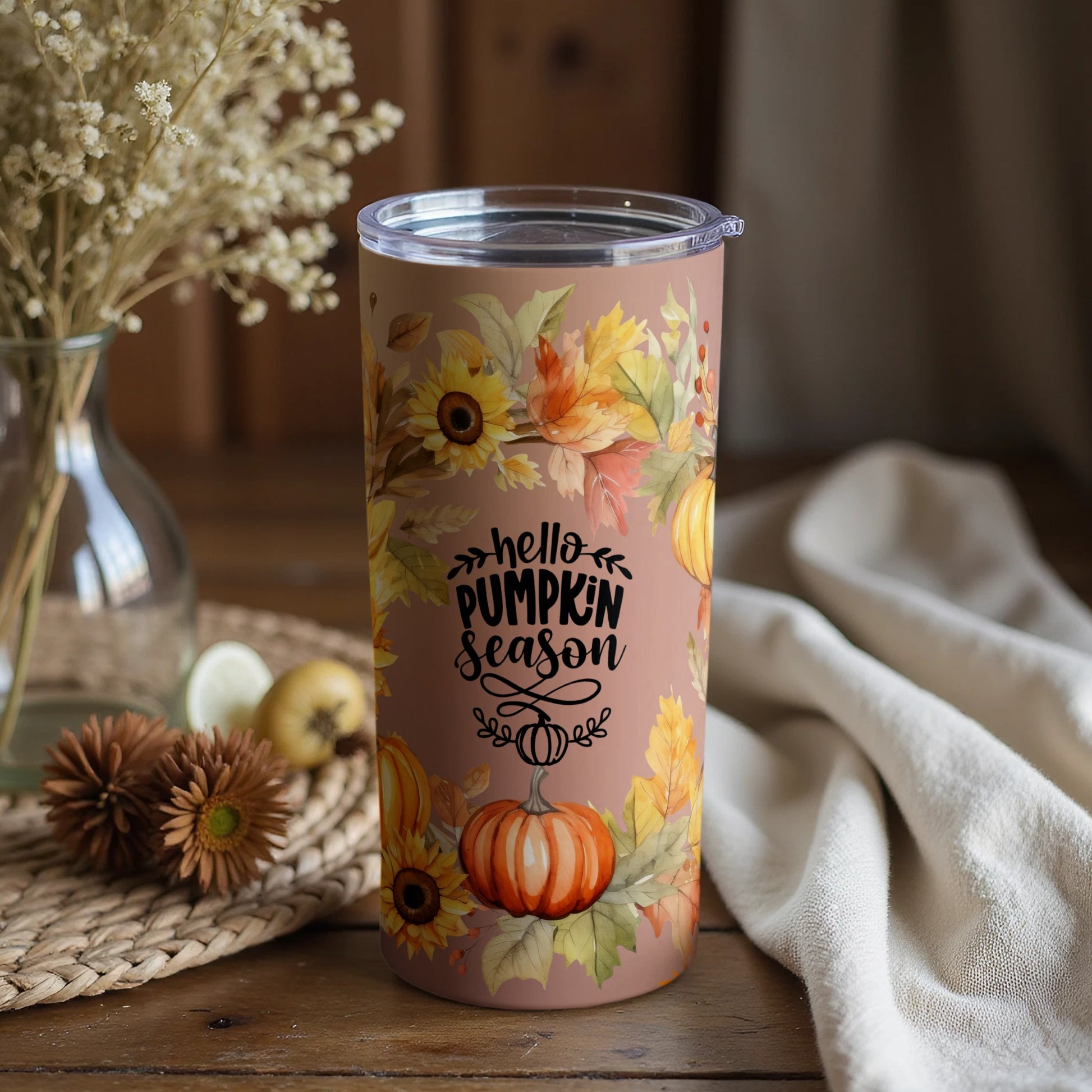 Hello Pumpkin Season Autumn Floral Tumbler Cup