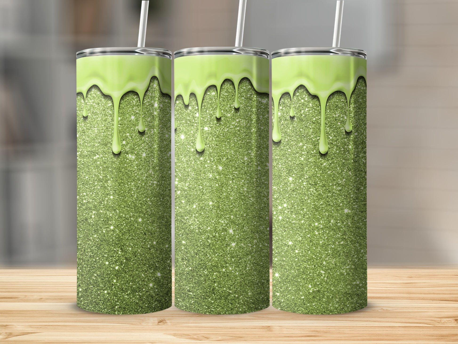 Sparkling Green Glitter Drip Design Tumbler Cup