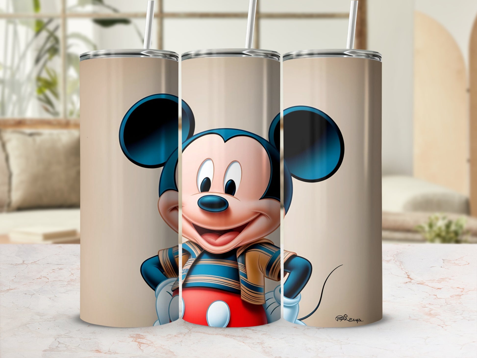 Mickey Mouse wearing a striped shirt and striped jacket on a tan tumbler.