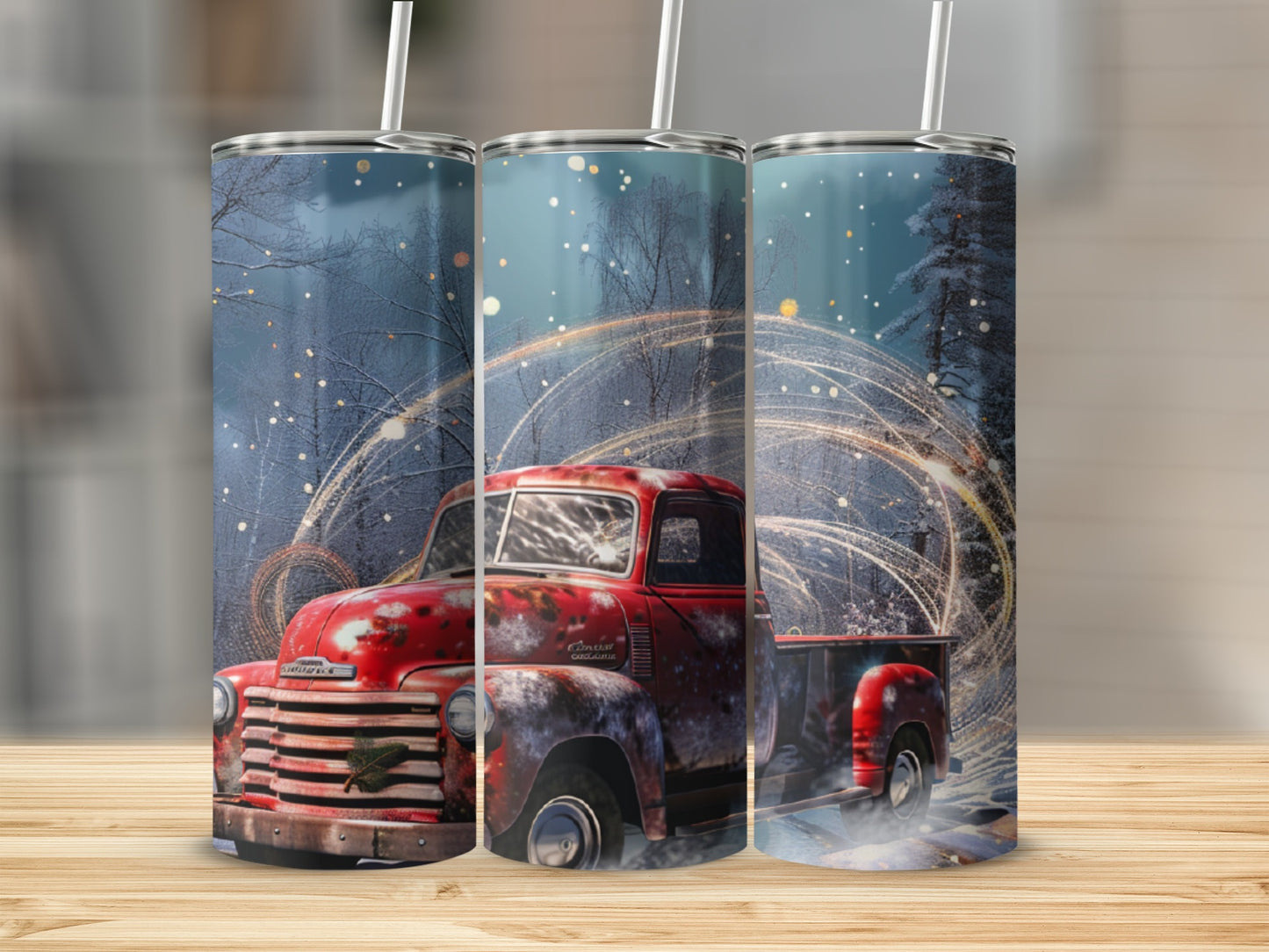 Red vintage truck with snow-covered trees and swirling lights.