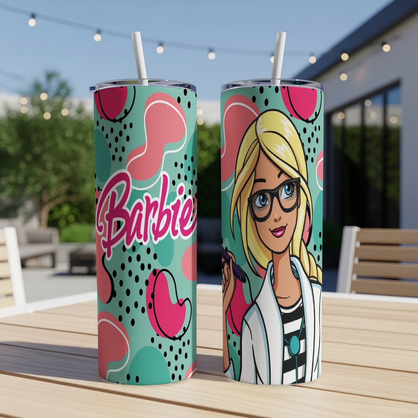 Barbie tumbler with glasses, pink dots, and black circles on teal background.