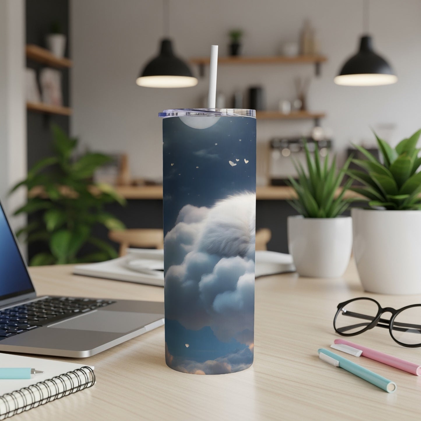 White cat on clouds with moon and stars, on a wooden desk.
