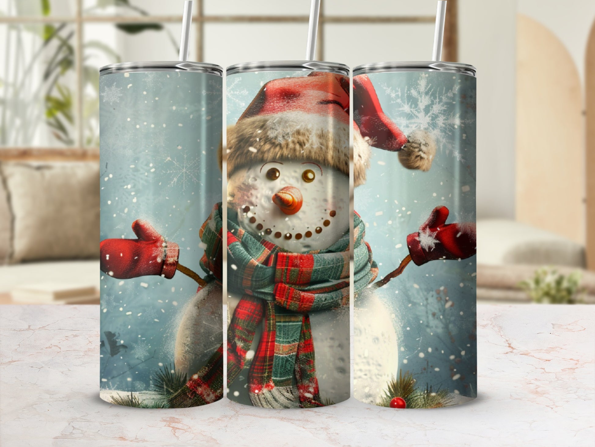 Festive tumbler with a cheerful snowman wearing a Santa hat and scarf.