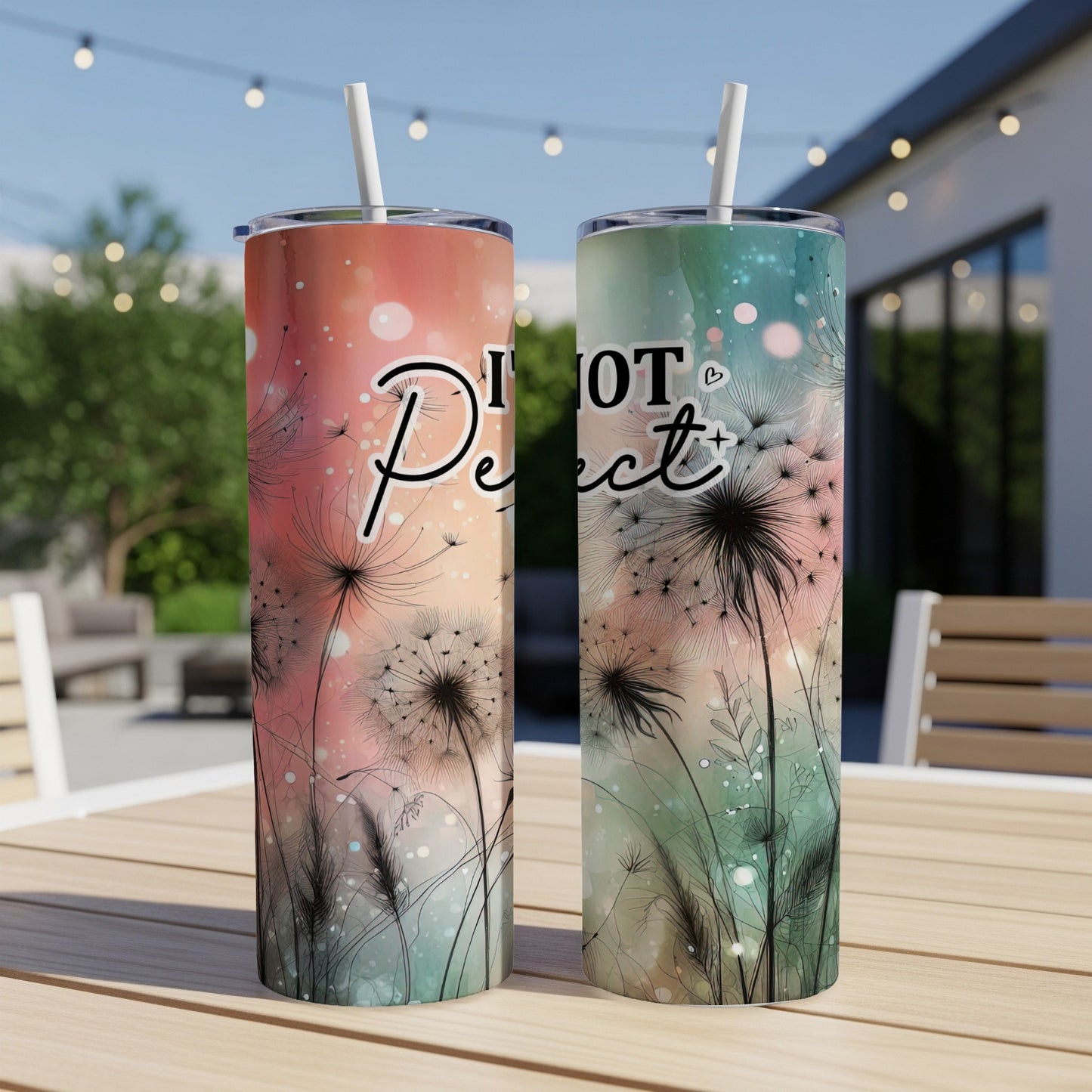 Two tumblers with dandelion designs and "NOT Perfect" text.