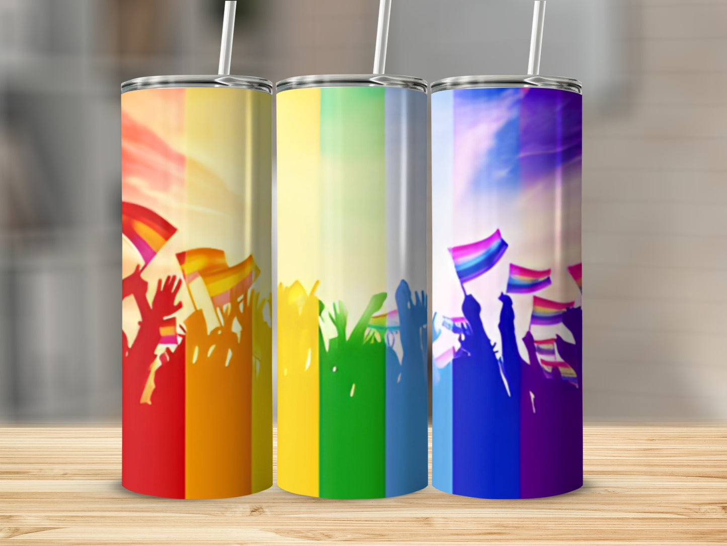 Rainbow gradient tumblers with raised hands holding pride flags.