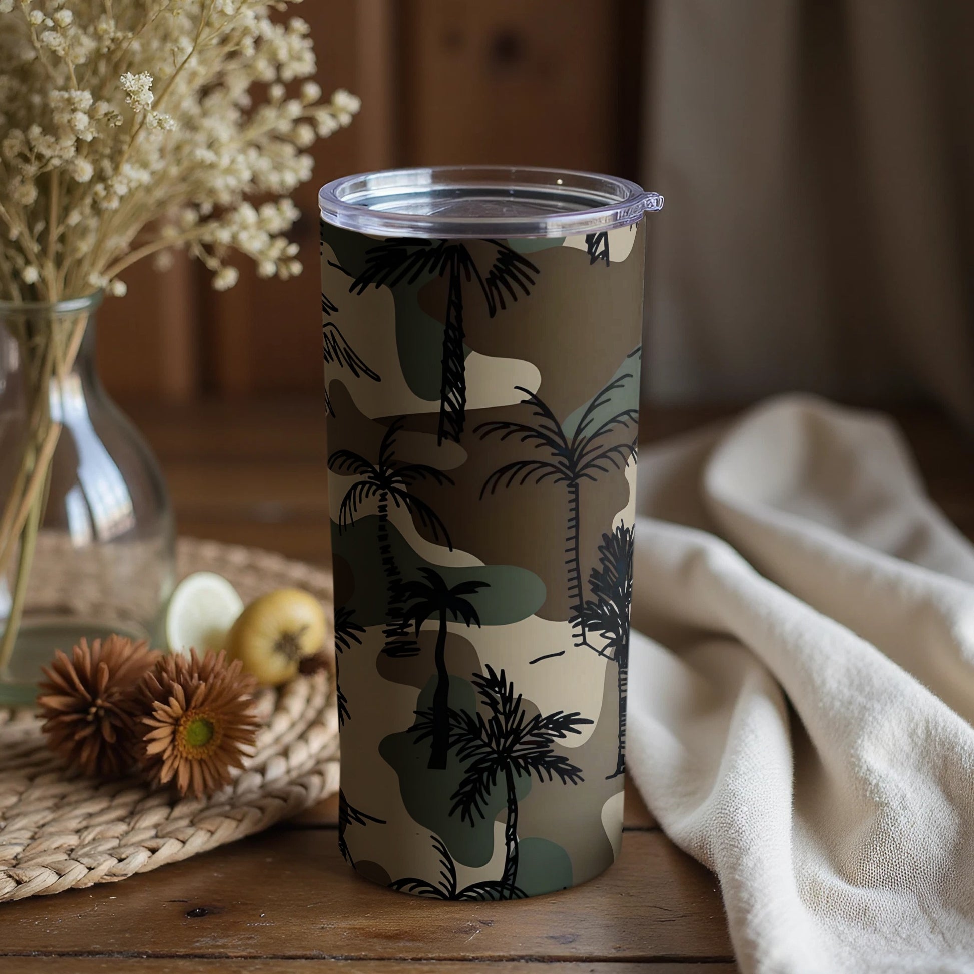 Tropical Camouflage Tumbler Cup with Palm Trees Design